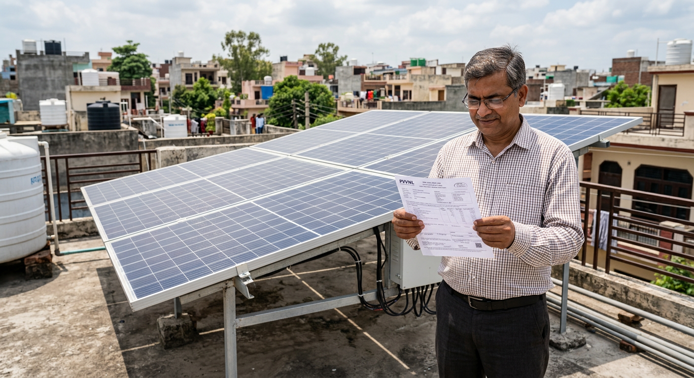 Indian homeowner checking an electricity bill beside rooftop solar panels