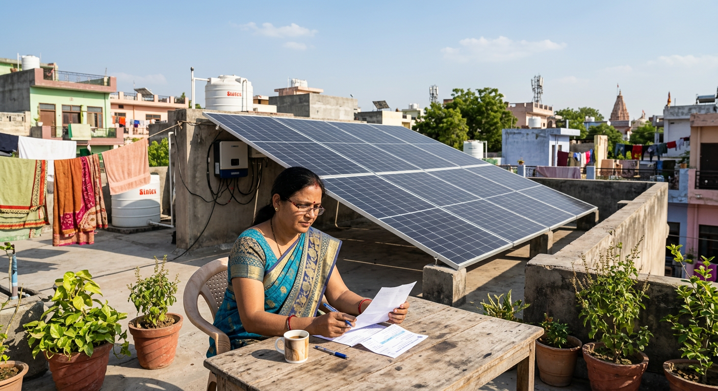 Indian homeowner comparing electricity bills beside rooftop solar panels